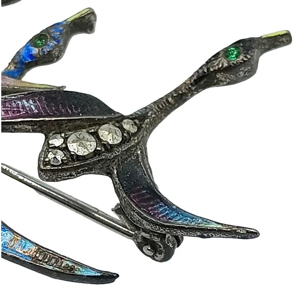 Vintage 835 Silver Bird Brooch Marcasites Enamel Ducks Flying Figural Pin Jewelr